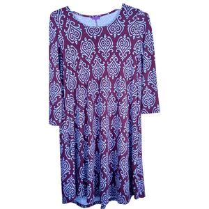 Mountain Mamas Essential Tunic Dress XS Maroon Gray Damask Long Sleeve Pockets